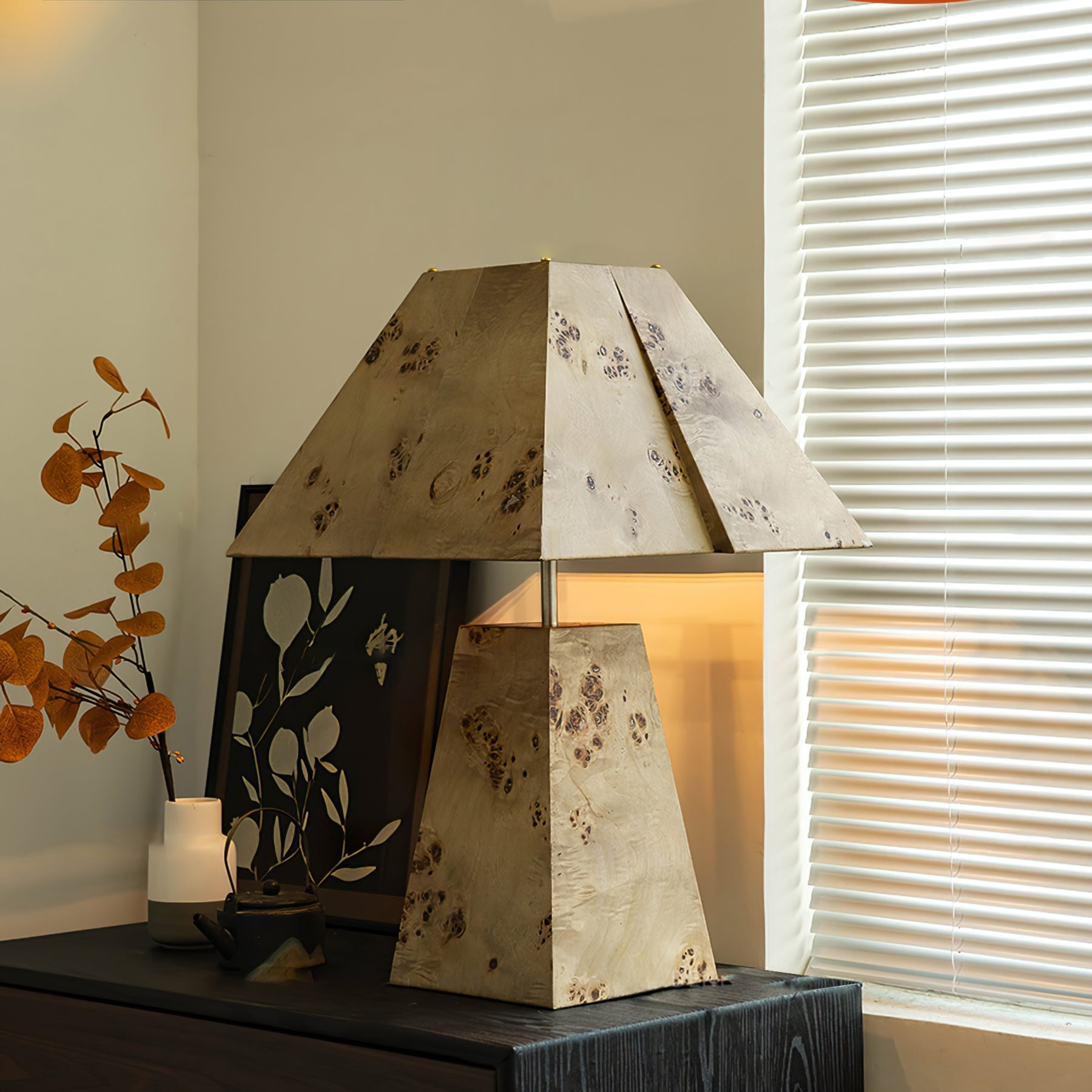 Pyramid Wood Table Lamp – Geometric Design Nightstand or Desk Lamp for Bedroom and Living Room 3