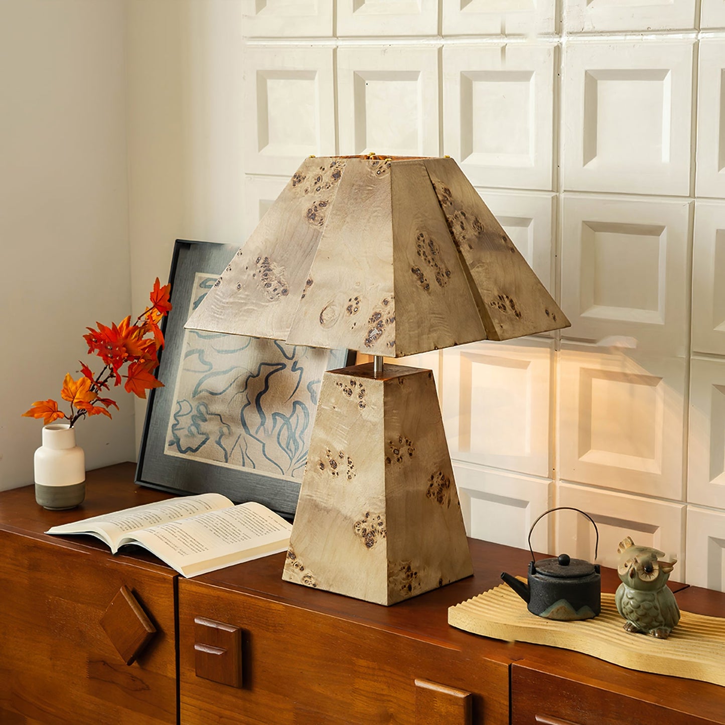 Pyramid Wood Table Lamp – Geometric Design Nightstand or Desk Lamp for Bedroom and Living Room 4