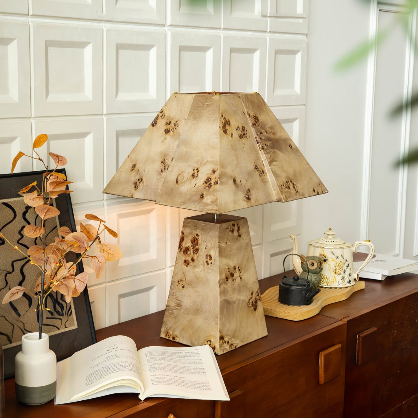 Pyramid Wood Table Lamp – Geometric Design Nightstand or Desk Lamp for Bedroom and Living Room 5