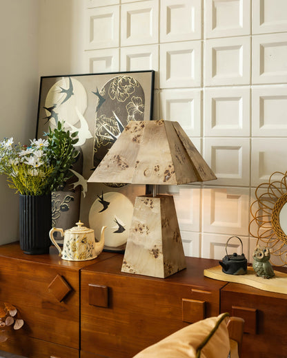 Pyramid Wood Table Lamp – Geometric Design Nightstand or Desk Lamp for Bedroom and Living Room 9
