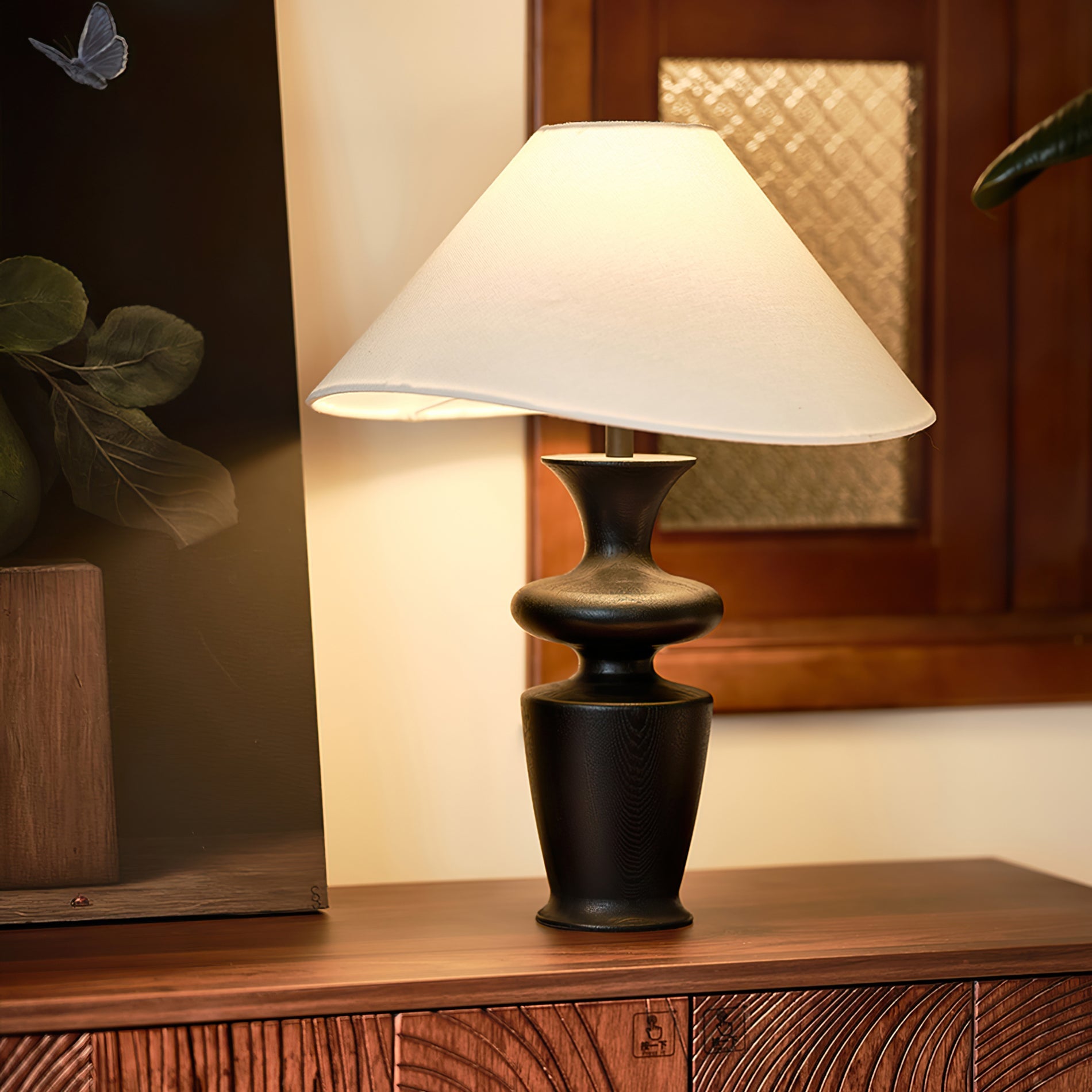 Modern Wood and Fabric Table Lamp with Asymmetrical Shade – 21.7 Inch 3