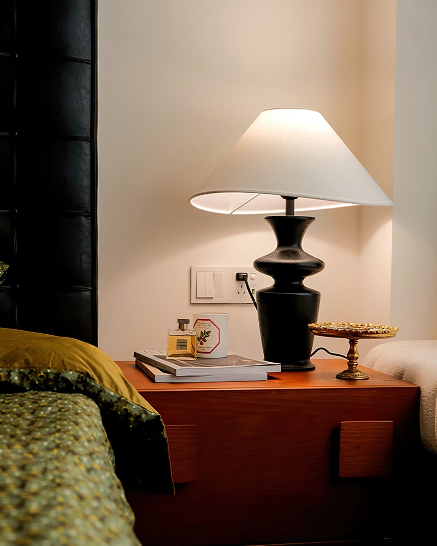 Modern Wood and Fabric Table Lamp with Asymmetrical Shade – 21.7 Inch 7