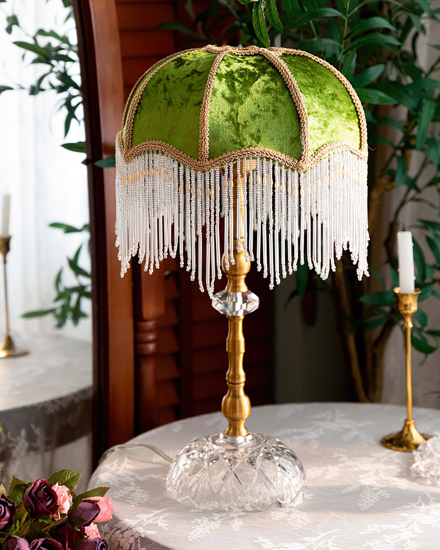 Stylish Table Lamp with Fabric Shade and Modern Design – Green and Gold Finish 5