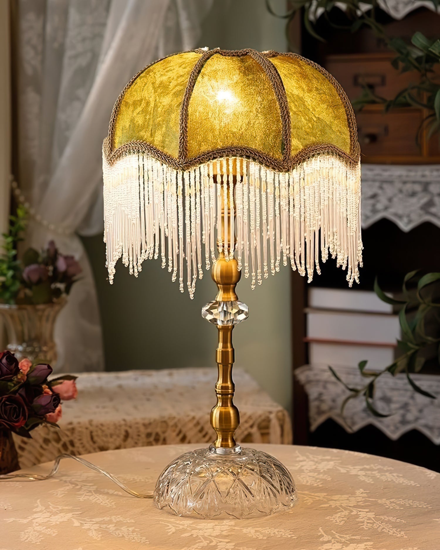 Stylish Table Lamp with Fabric Shade and Modern Design – Green and Gold Finish 6