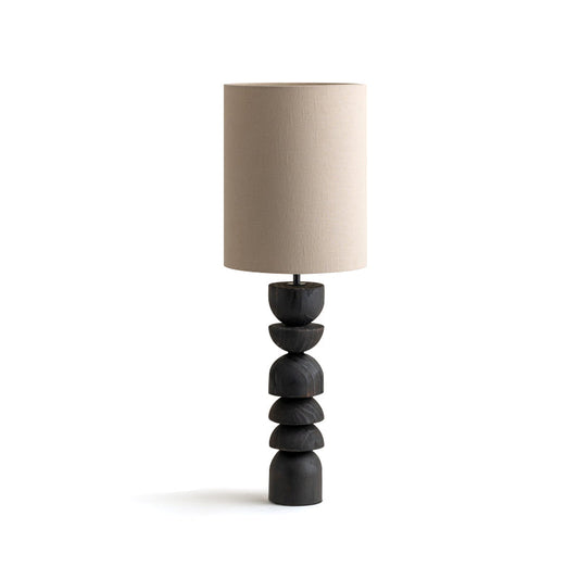 Modern Table Lamp with Blackened Wooden Base and Beige Shade - 21.7 Height, Ideal for Bedroom or Living Room 1