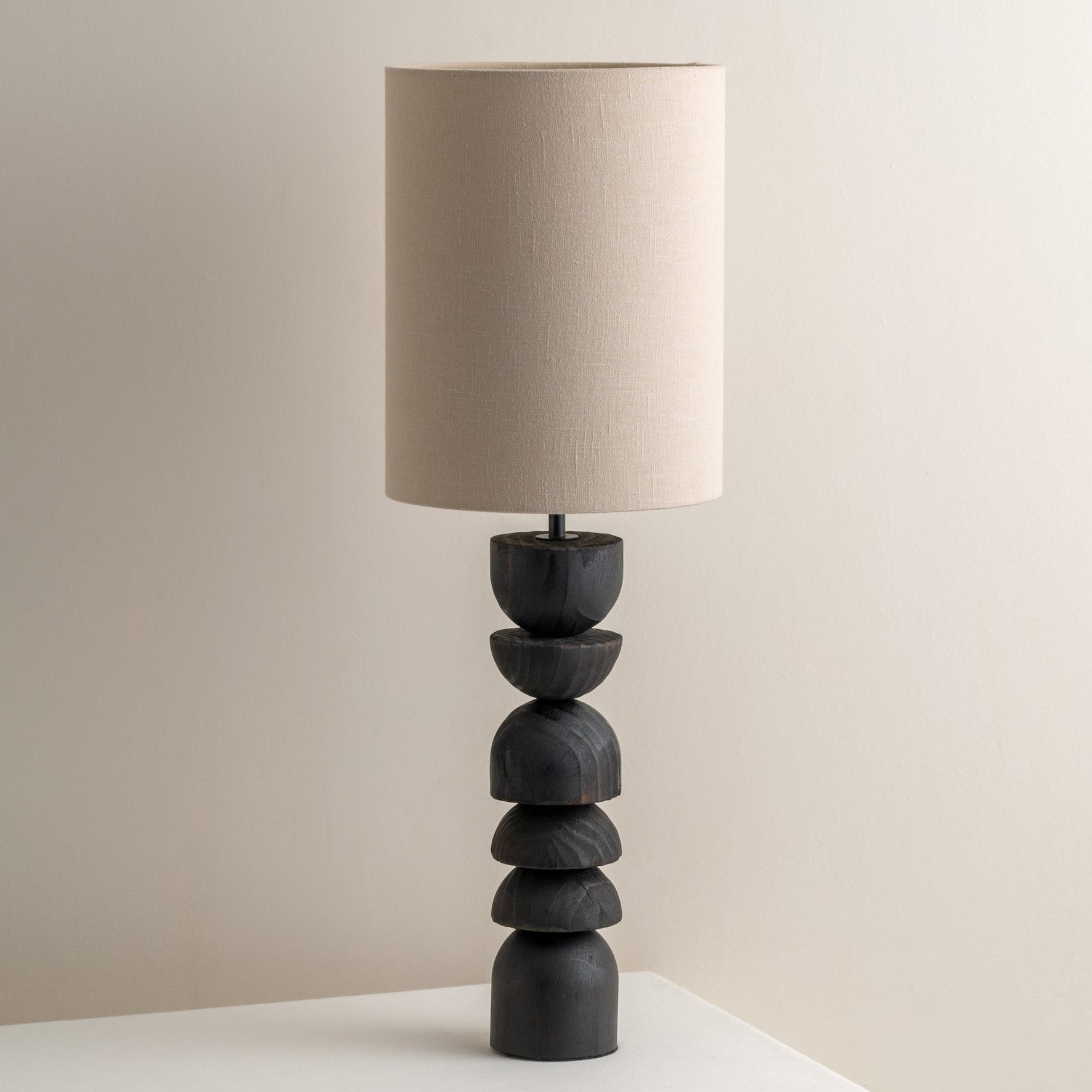 Modern Table Lamp with Blackened Wooden Base and Beige Shade - 21.7 Height, Ideal for Bedroom or Living Room 3