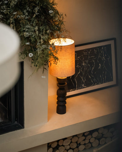 Modern Table Lamp with Blackened Wooden Base and Beige Shade - 21.7 Height, Ideal for Bedroom or Living Room 5
