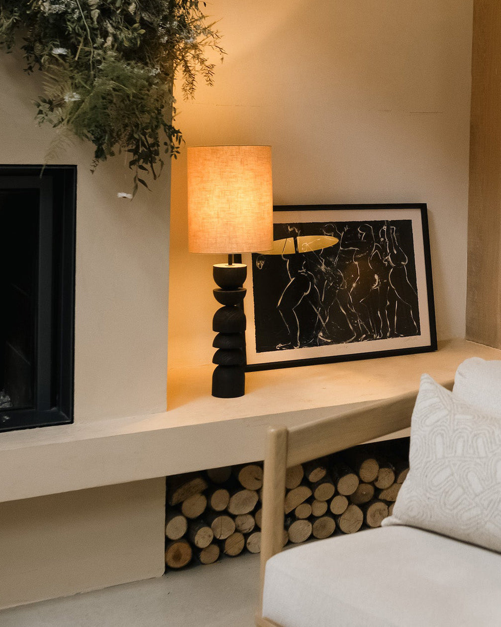 Modern Table Lamp with Blackened Wooden Base and Beige Shade - 21.7 Height, Ideal for Bedroom or Living Room 6