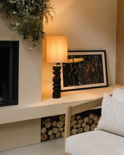 Modern Table Lamp with Blackened Wooden Base and Beige Shade - 21.7 Height, Ideal for Bedroom or Living Room 6