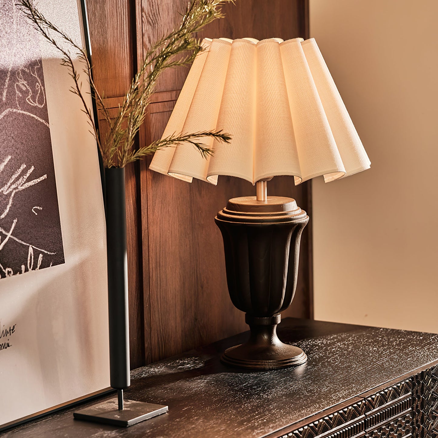 Elegant Wood Table Lamp with Pleated Fabric Shade – 22.4 Height 3