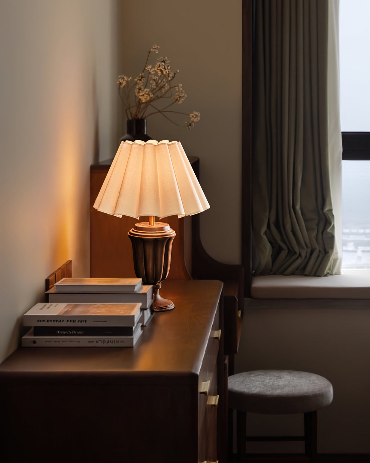 Elegant Wood Table Lamp with Pleated Fabric Shade – 22.4 Height 4
