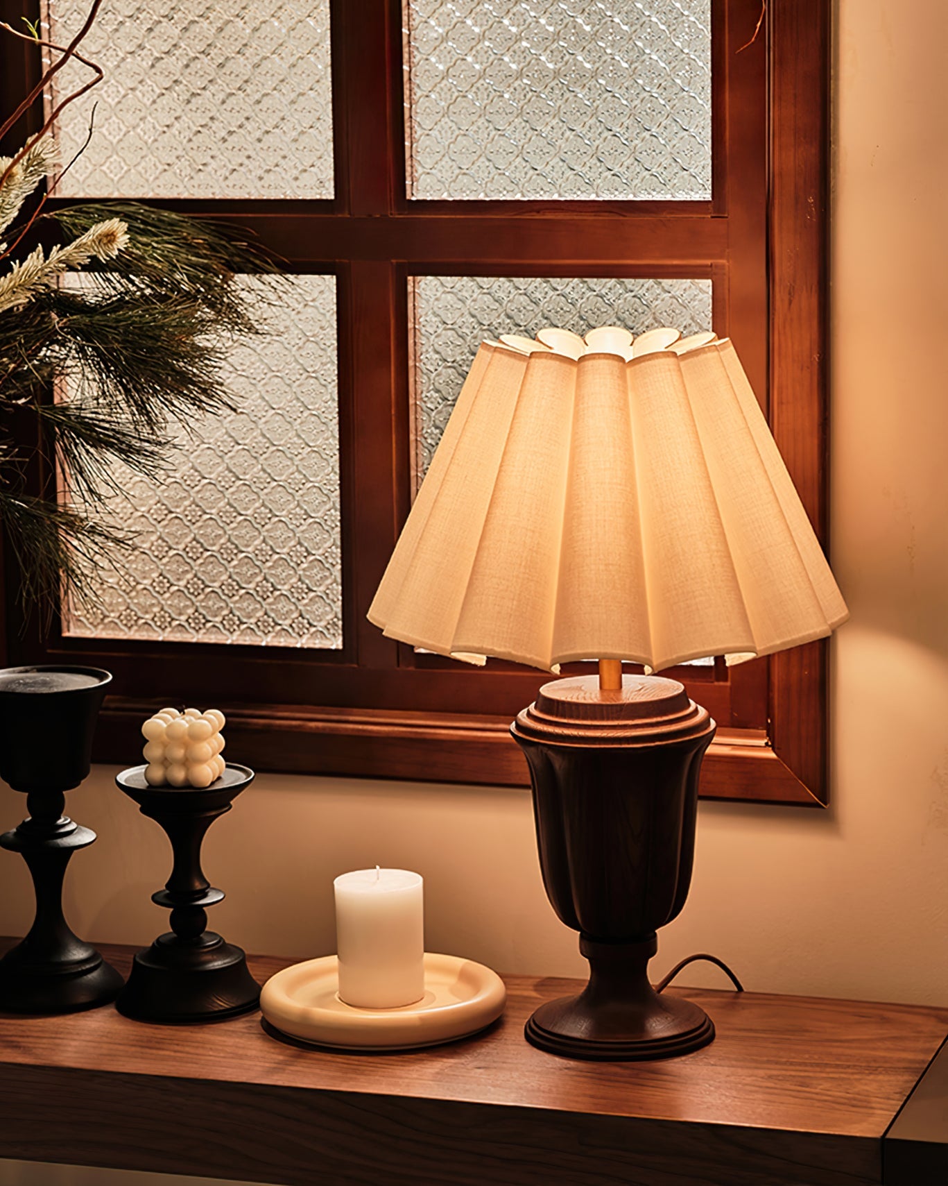 Elegant Wood Table Lamp with Pleated Fabric Shade – 22.4 Height 5