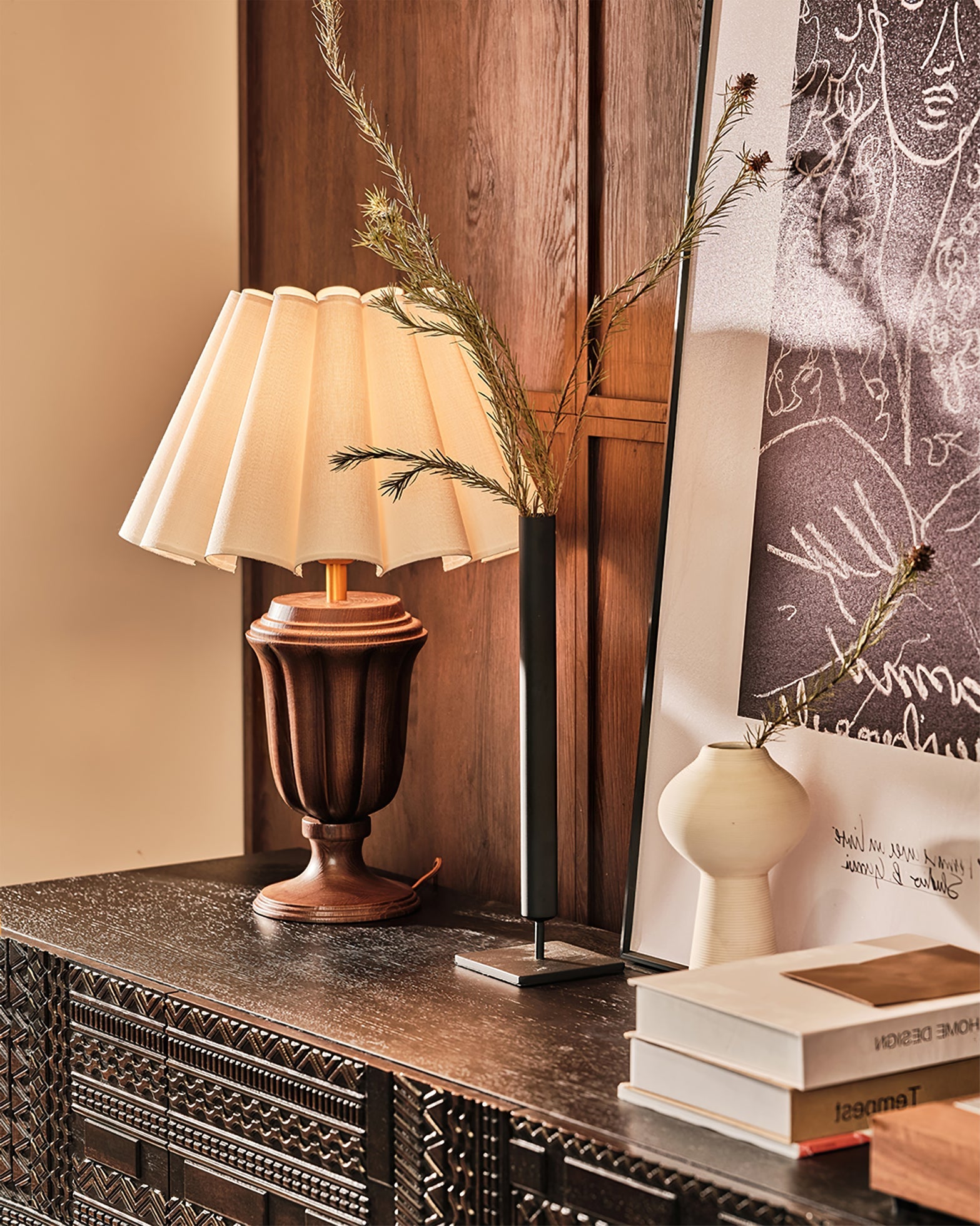 Elegant Wood Table Lamp with Pleated Fabric Shade – 22.4 Height 6