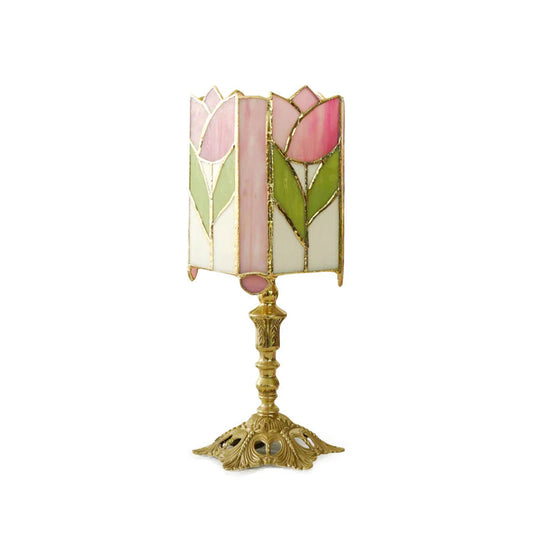Vintage Tulip Table Lamp with Stained Glass Shade – Floral Design for Bedroom and Living Room 1