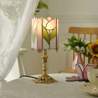 Vintage Tulip Table Lamp with Stained Glass Shade – Floral Design for Bedroom and Living Room 3