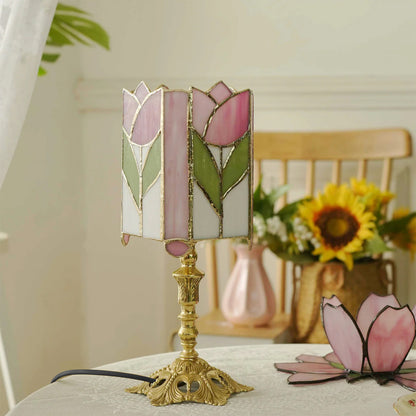 Vintage Tulip Table Lamp with Stained Glass Shade – Floral Design for Bedroom and Living Room 4
