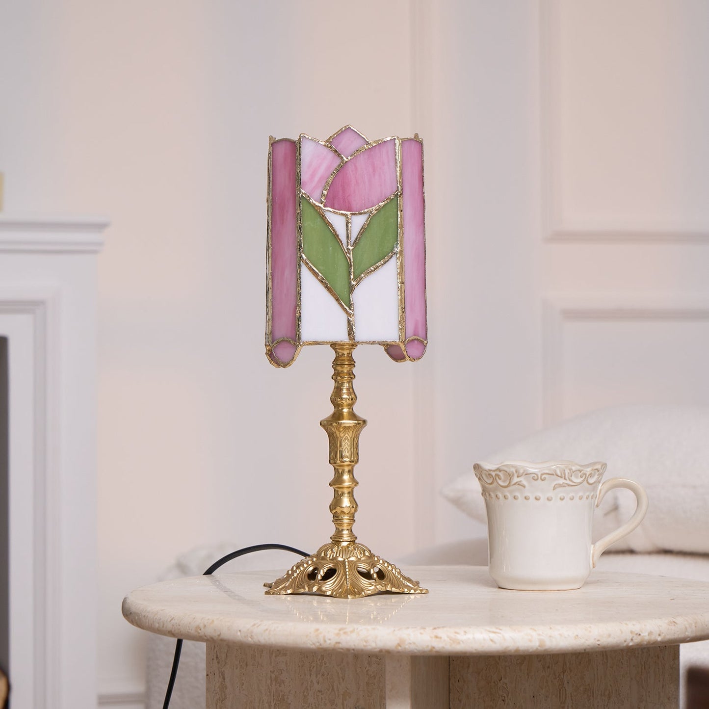 Vintage Tulip Table Lamp with Stained Glass Shade – Floral Design for Bedroom and Living Room 5