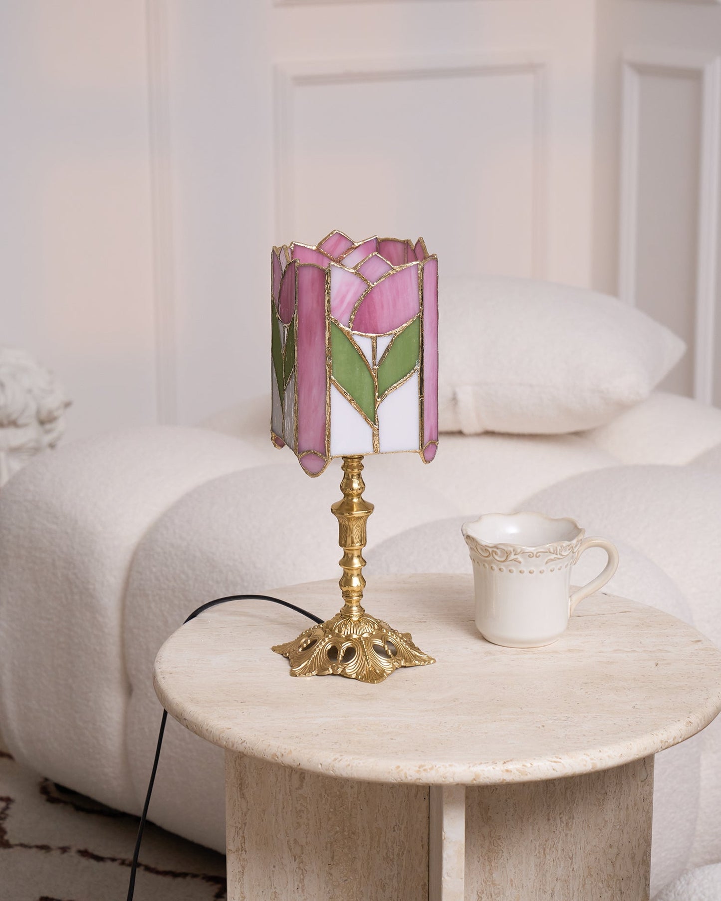 Vintage Tulip Table Lamp with Stained Glass Shade – Floral Design for Bedroom and Living Room 6