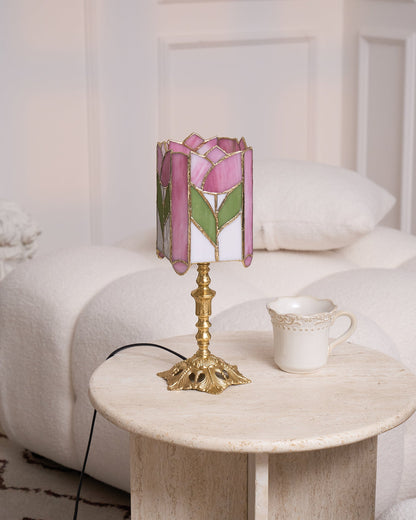 Vintage Tulip Table Lamp with Stained Glass Shade – Floral Design for Bedroom and Living Room 6