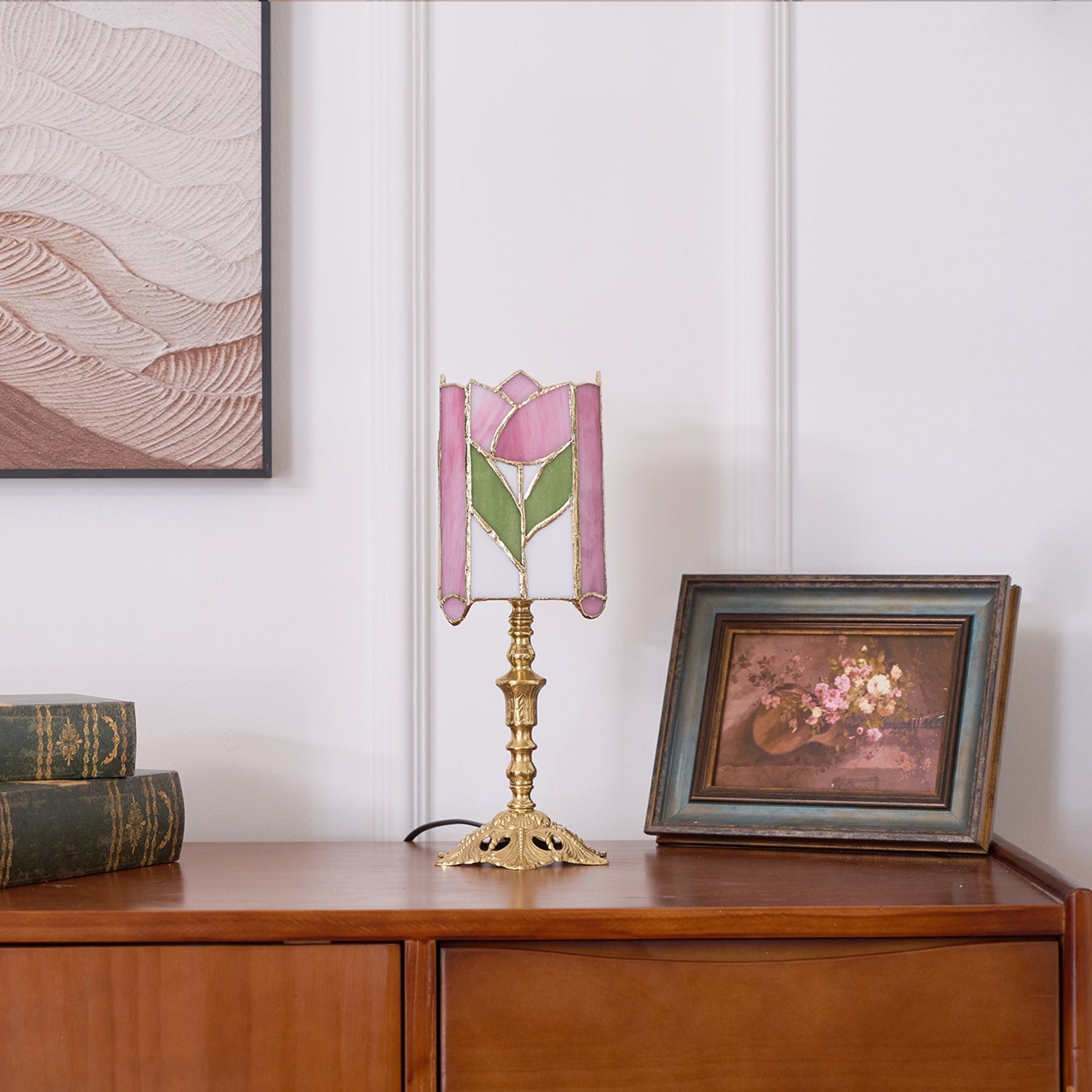Vintage Tulip Table Lamp with Stained Glass Shade – Floral Design for Bedroom and Living Room 8
