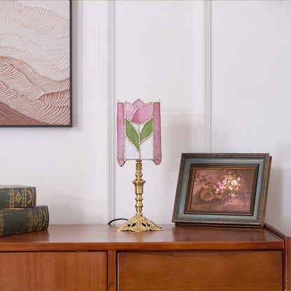 Vintage Tulip Table Lamp with Stained Glass Shade – Floral Design for Bedroom and Living Room 8