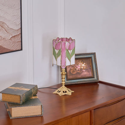 Vintage Tulip Table Lamp with Stained Glass Shade – Floral Design for Bedroom and Living Room 9
