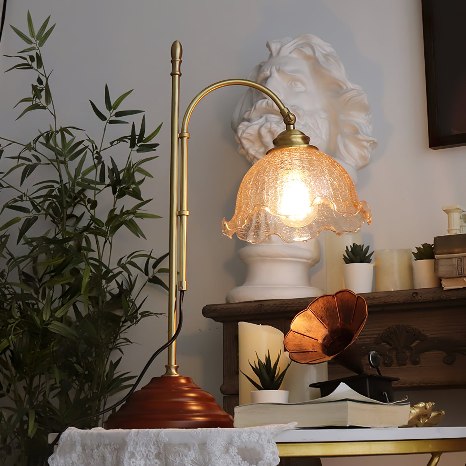 Vintage Table Lamp with Textured Glass and Copper Accents – 22 Height 7