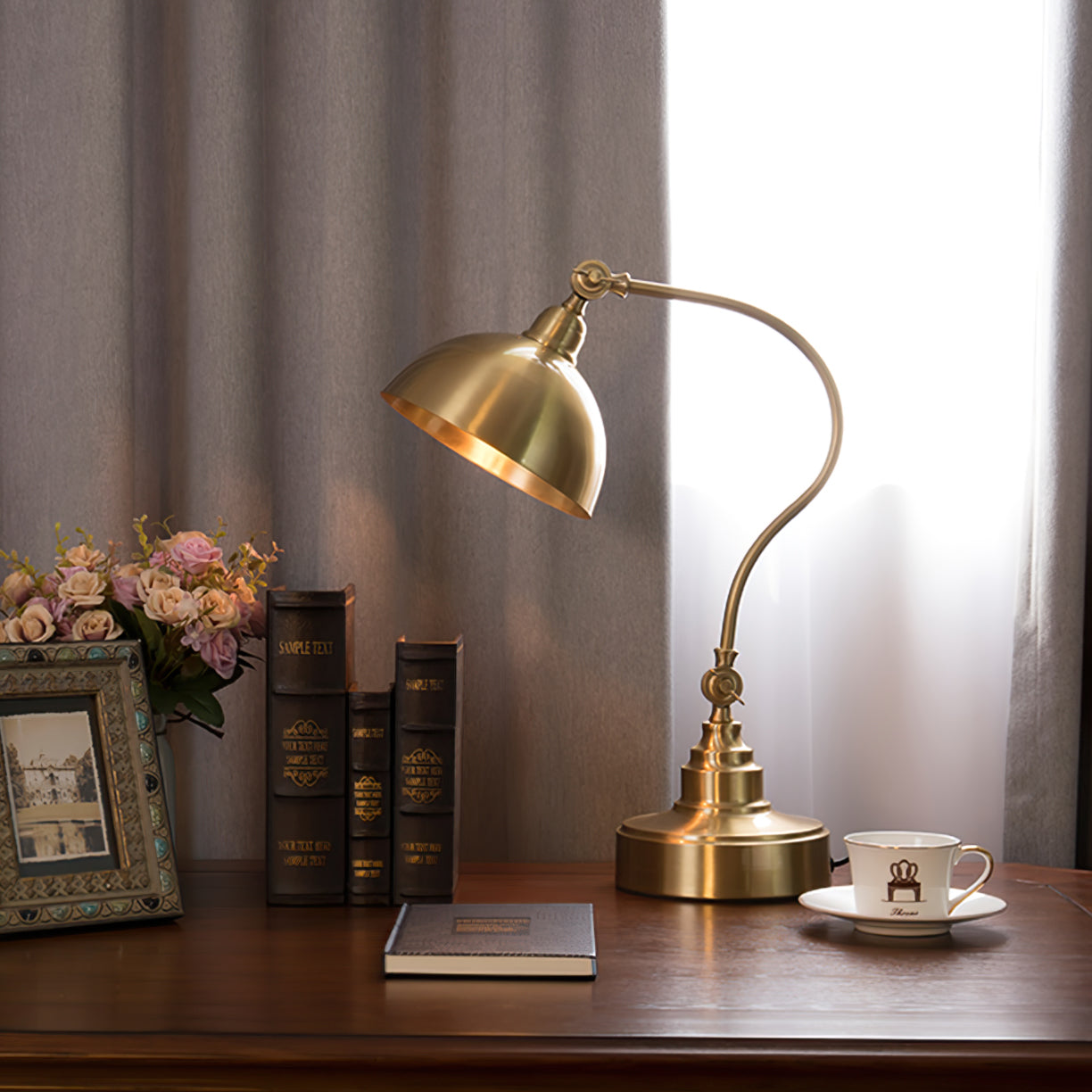 Brass Table Lamp with Adjustable Arm and Dome Shade – Modern Desk Light 3