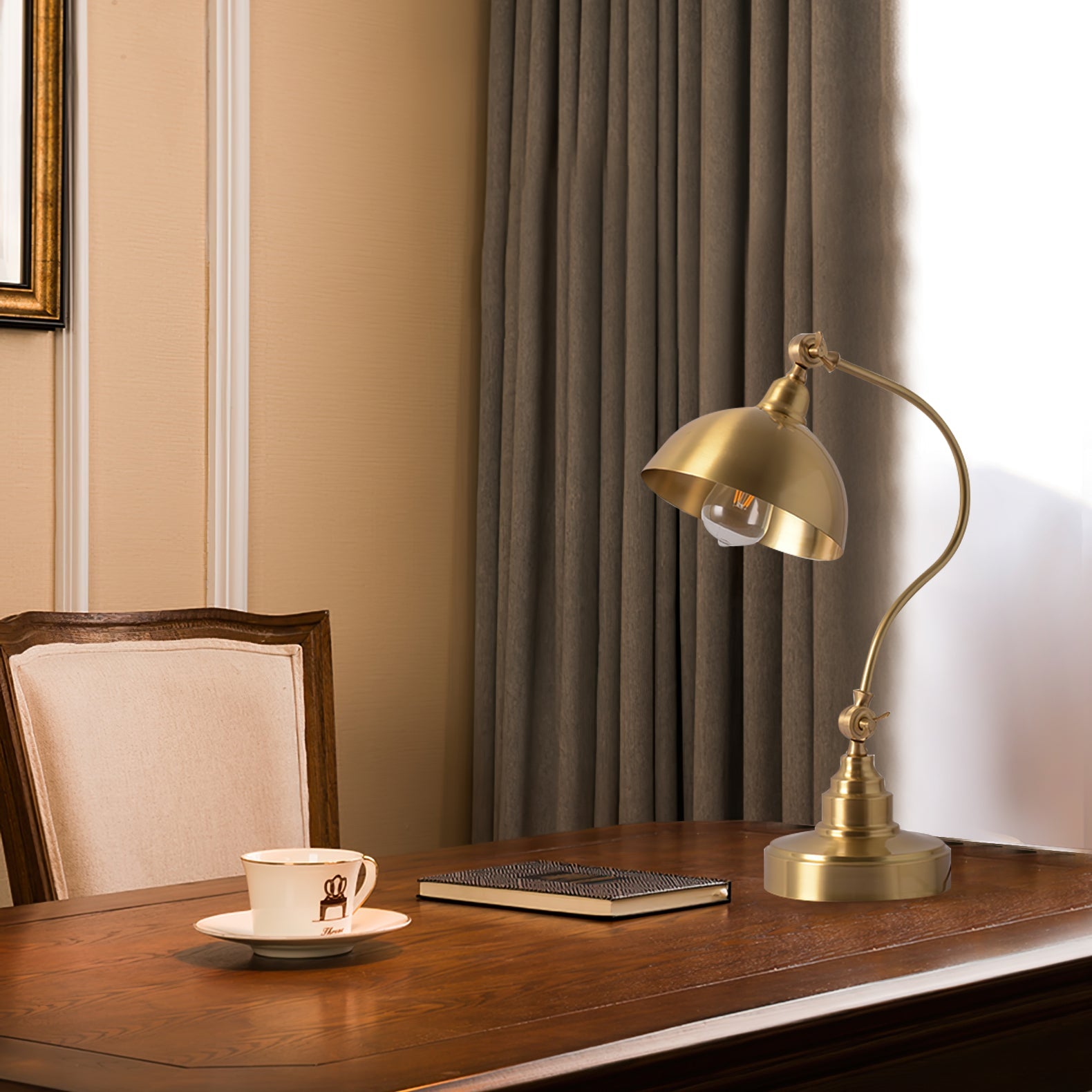 Brass Table Lamp with Adjustable Arm and Dome Shade – Modern Desk Light 4