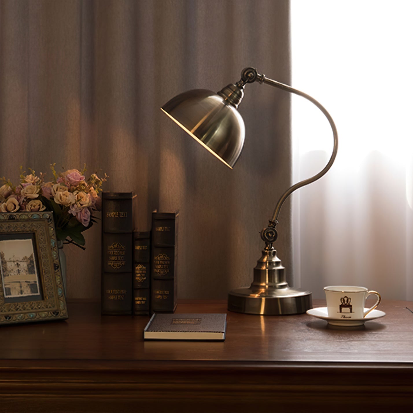 Brass Table Lamp with Adjustable Arm and Dome Shade – Modern Desk Light 8