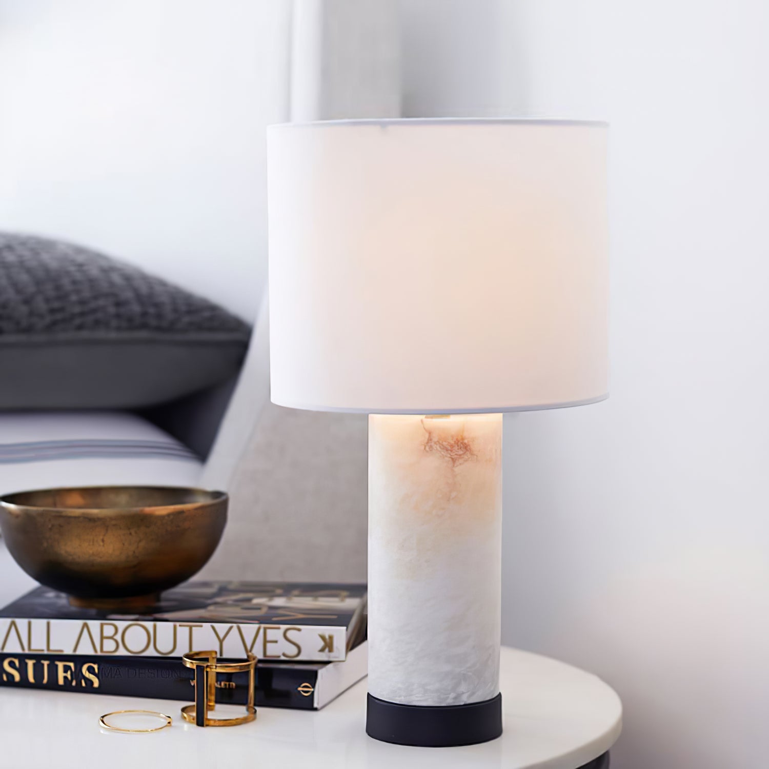 Elegant Marble Table Lamp with Iron Detailing – Alabaster Body and Ivory Shade 3