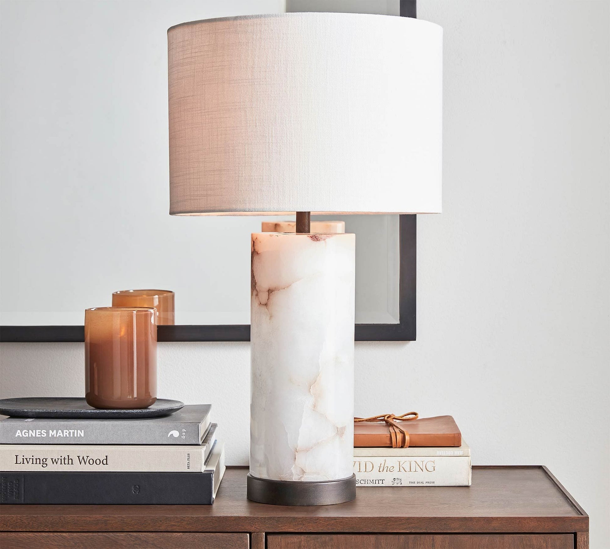 Elegant Marble Table Lamp with Iron Detailing – Alabaster Body and Ivory Shade 6