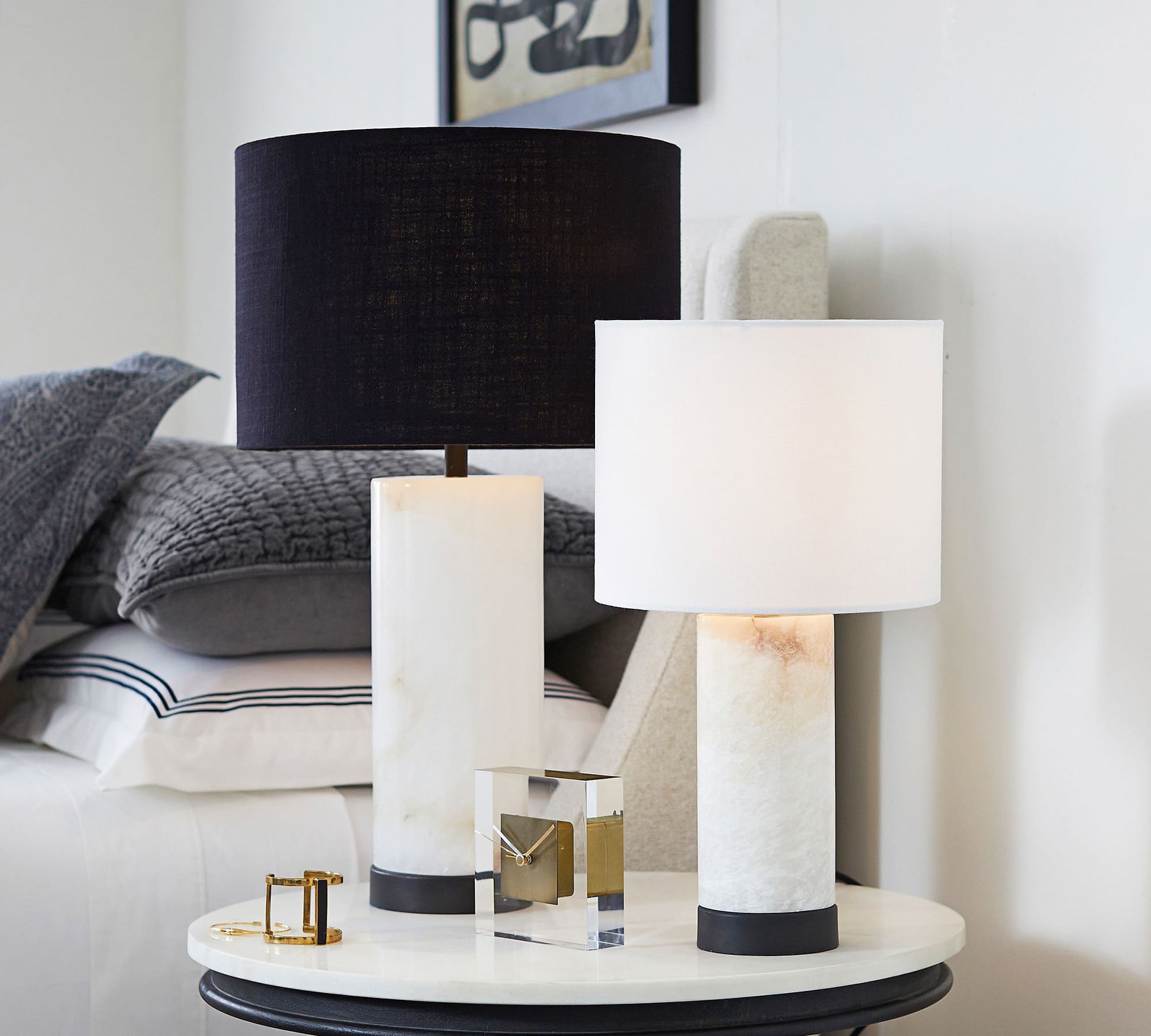 Elegant Marble Table Lamp with Iron Detailing – Alabaster Body and Ivory Shade 7