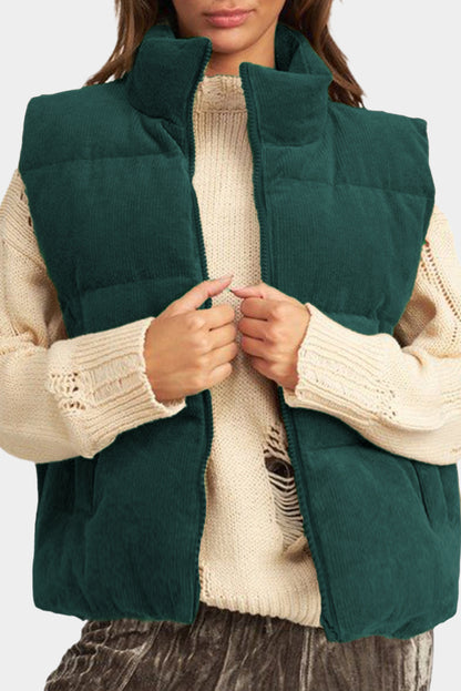 Coffee Corduroy Stand Neck Zipped Puffer Vest