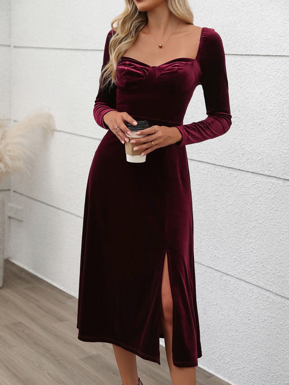 Perfee Sweetheart Neck Long Sleeve Midi Dress