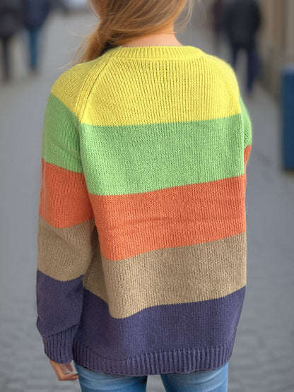 Color Block Round Neck Long Sleeve Sweater