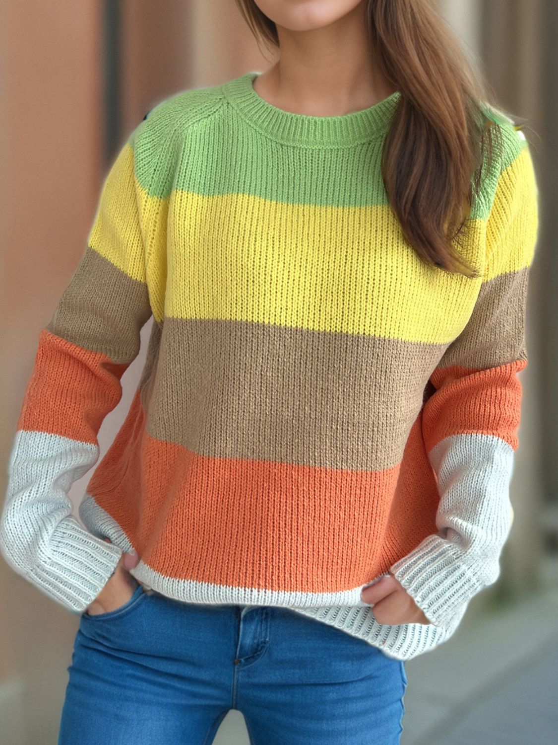 Color Block Round Neck Long Sleeve Sweater