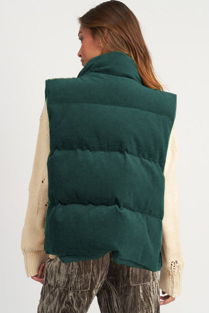 Coffee Corduroy Stand Neck Zipped Puffer Vest